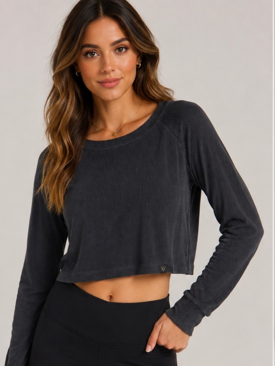 Victoria's Secret Tops - Victoria's Secret Charcoal Cropped Stripe RibbedLong-Sleeve Top casual relax